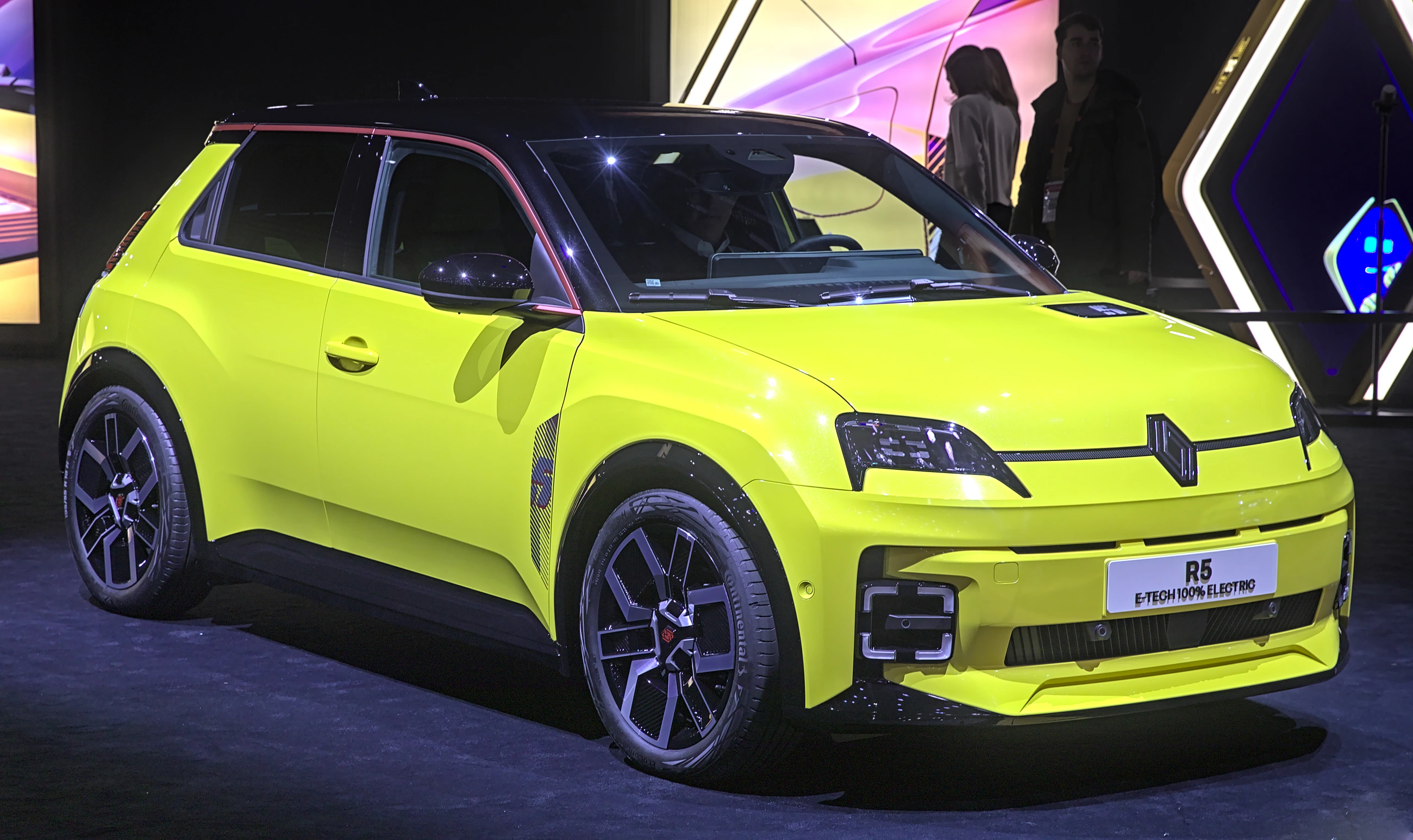 Yellow Renault 5 E-Tech electric viewed from the front three-quarter angle at GIMS 2024